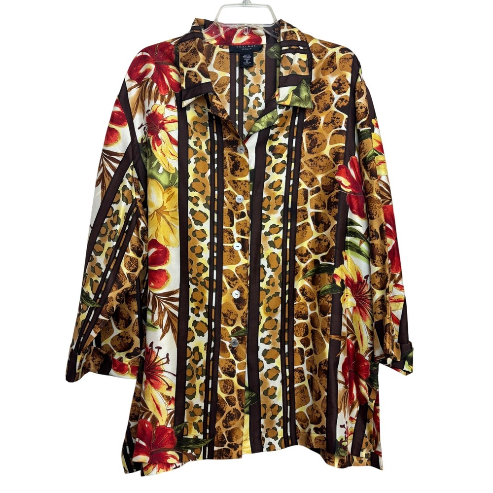 Silkland Silk Tropical Floral Animal Button Shirt Blouse 3X Vacation Island Trip